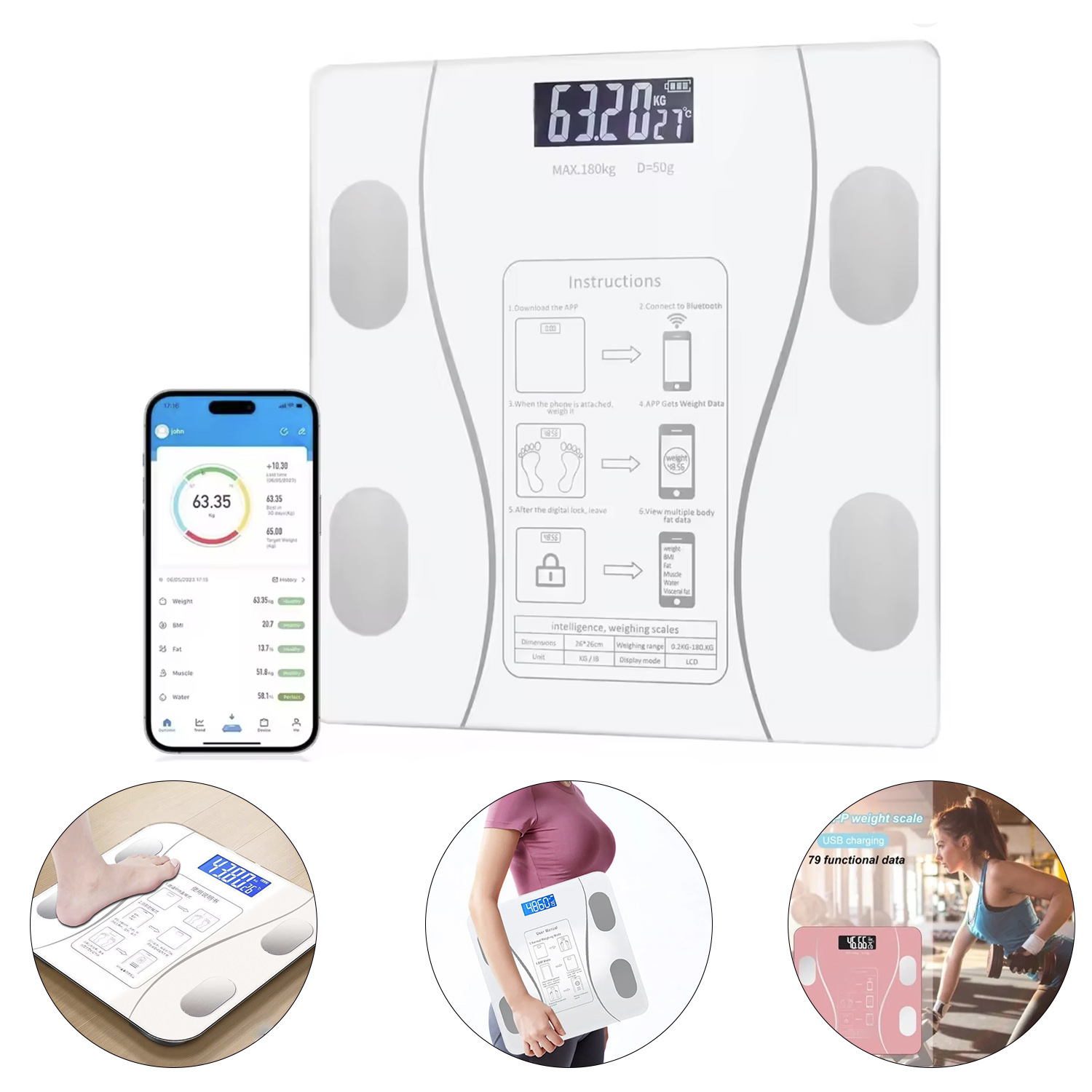 OTR055BL_001 Balanza Báscula Digital Inteligente con Bluetooth Controla Tu Peso y Salud Desde Tu Celular - Blanco - Imagen 1