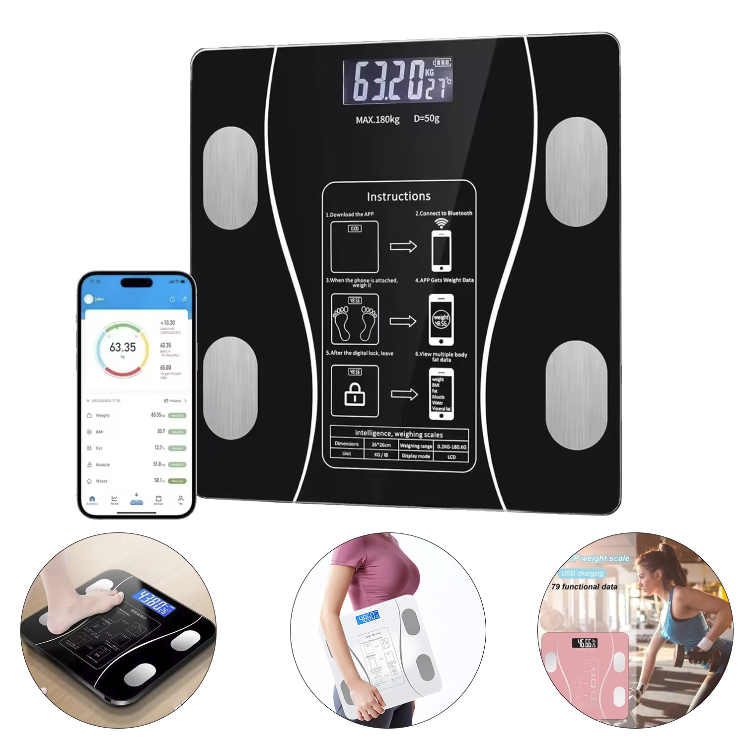 OTR055NE_001 Balanza Báscula Digital Inteligente con Bluetooth Controla Tu Peso y Salud Desde Tu Celular - Negro - Imagen 1