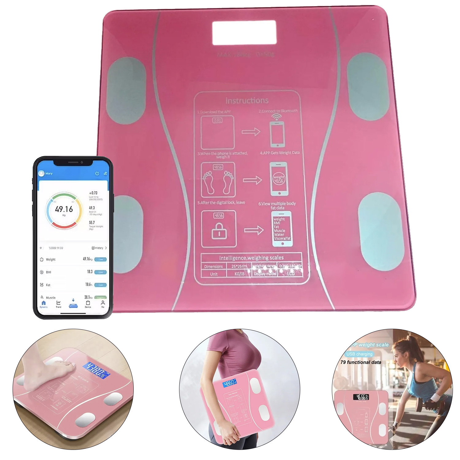 OTR055RO_001 Balanza Báscula Digital Inteligente con Bluetooth Controla Tu Peso y Salud Desde Tu Celular - Rosado - Imagen 1